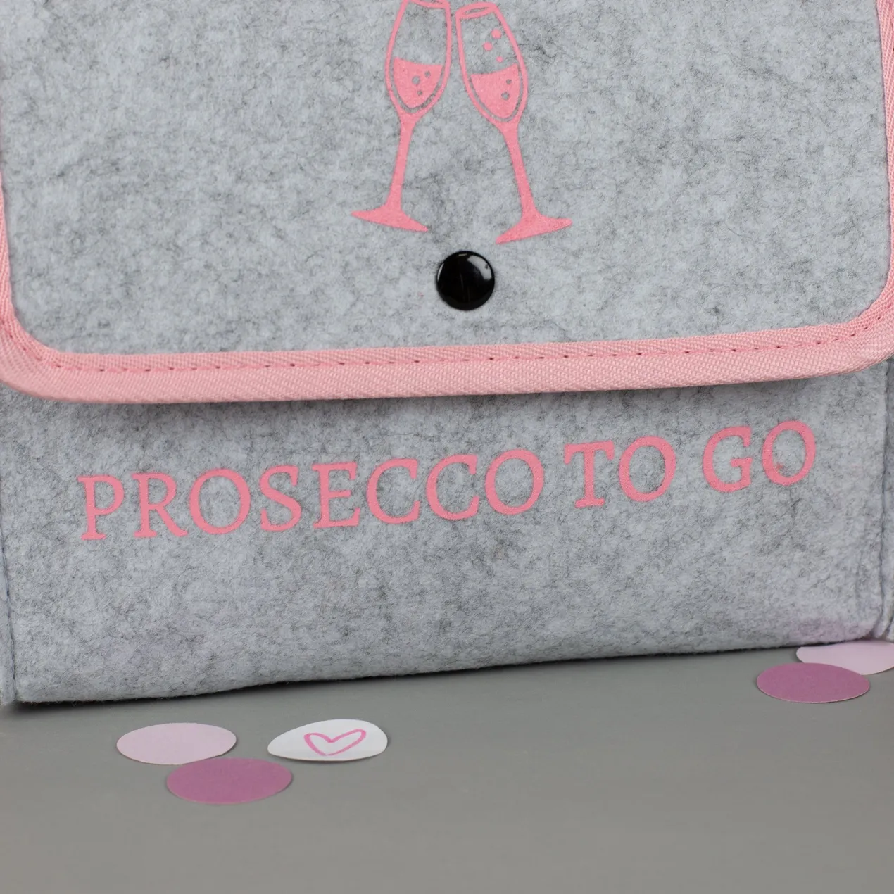 Hellgraue Umhängetasche - Prosecco to go - für JGA und Geburtstag