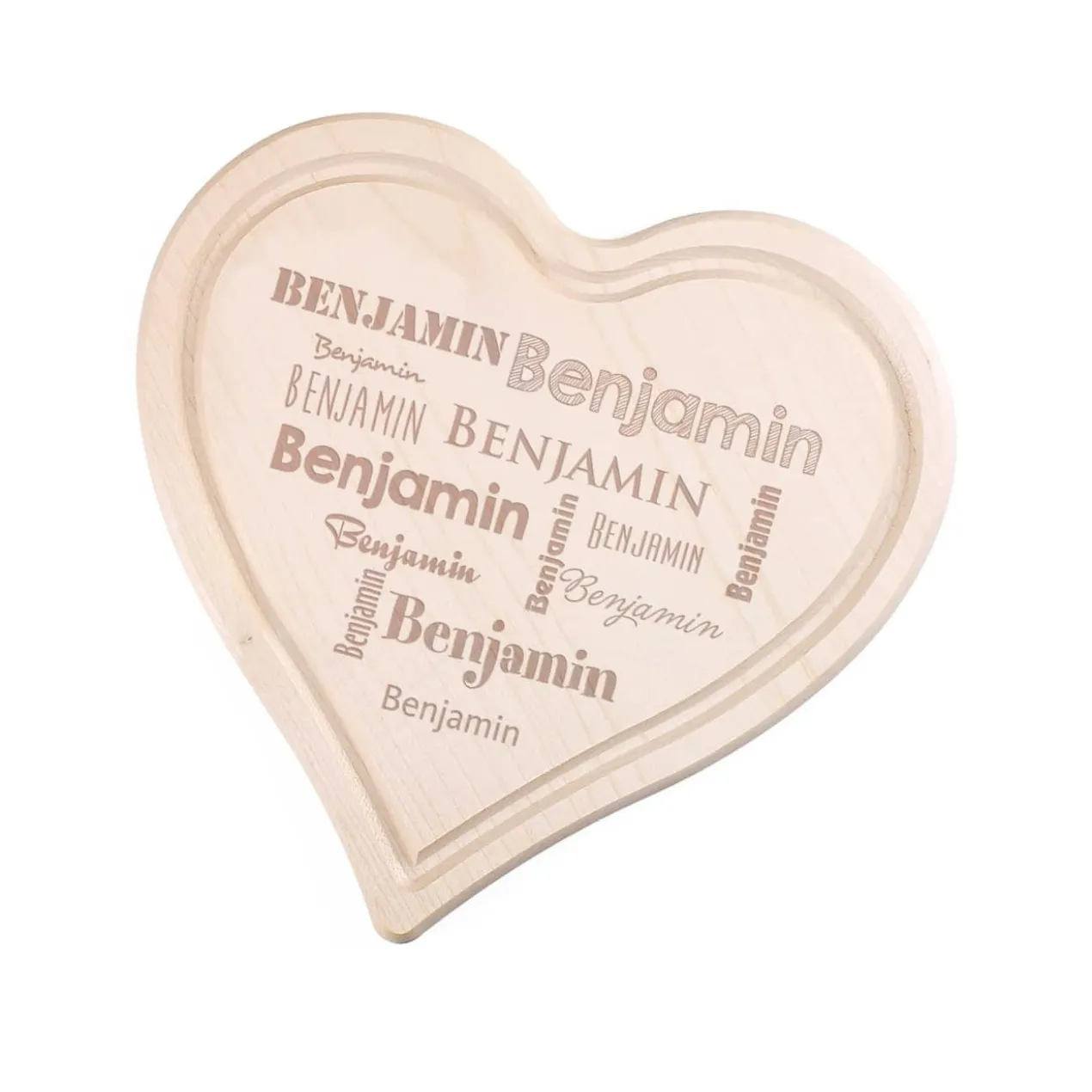 Herz-Holzbrettchen mit Name in verschiedenen Schriftarten, 24 cm