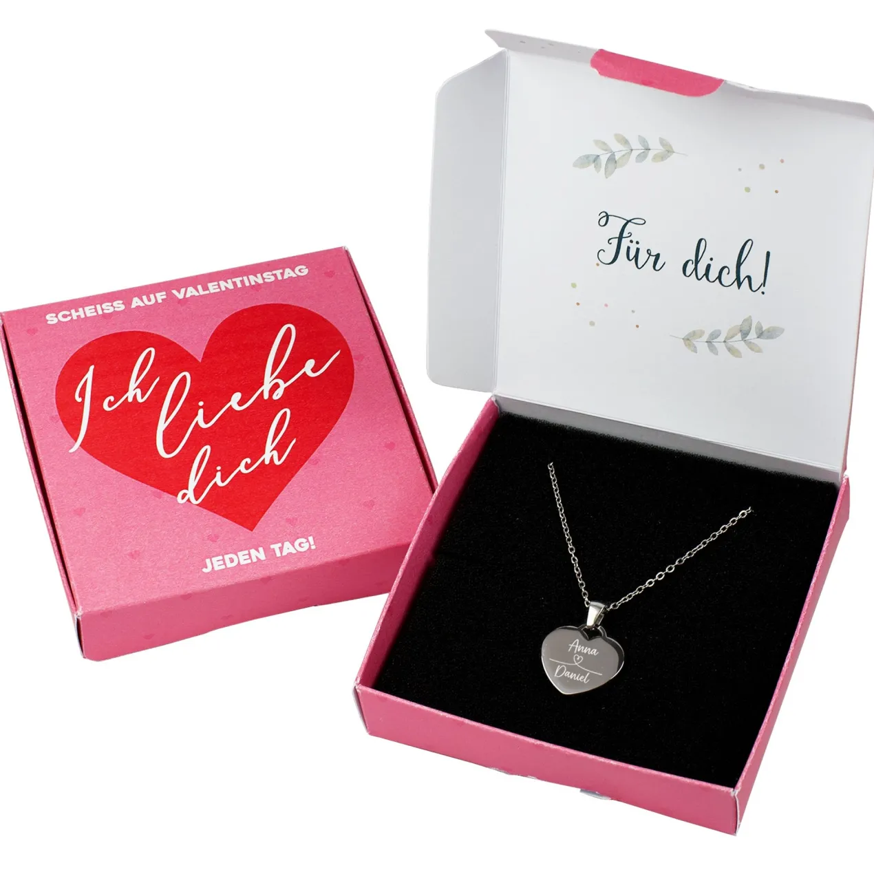 Herzkette mit Gravur in Geschenkbox - Scheiß auf Valentinstag ich liebe dich jeden Tag
