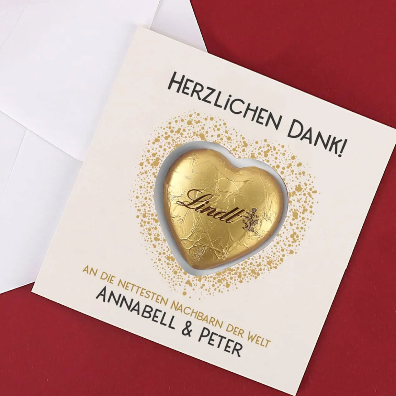 Herzlichen Dank - Karte mit Lindt Schokoherz und Ihrem Wunschtext