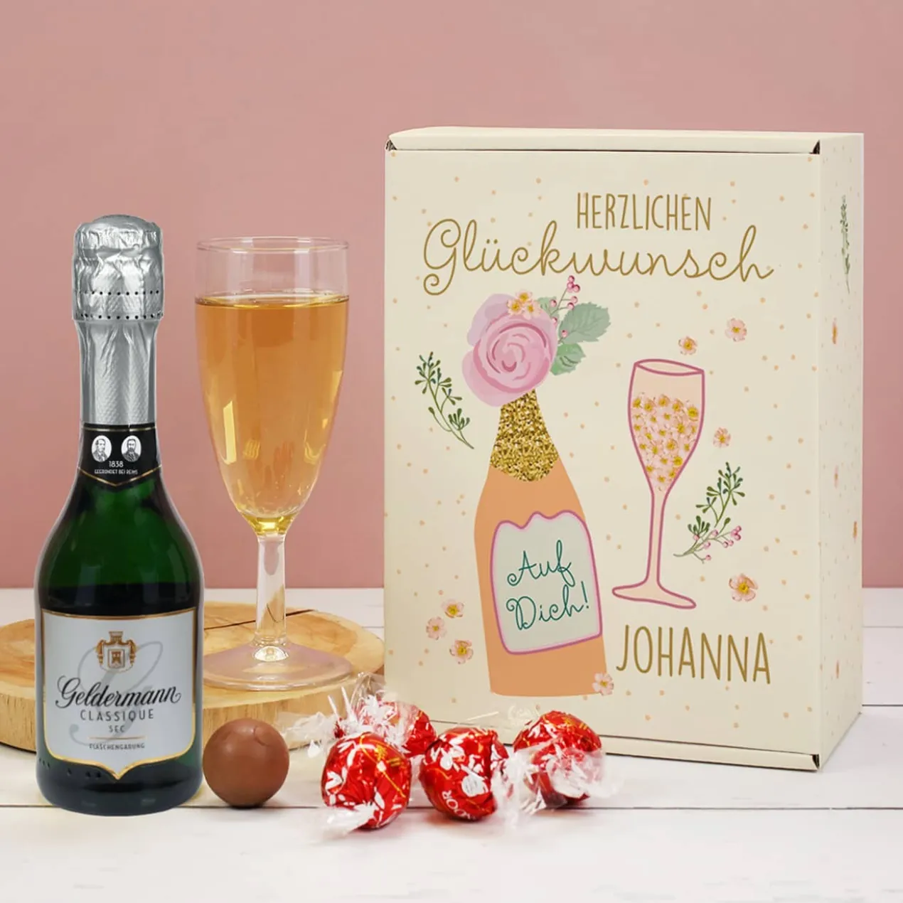 Herzlichen Glückwunsch - Geschenkset mit Sekt und Lindor Kugeln in bedruckter Box