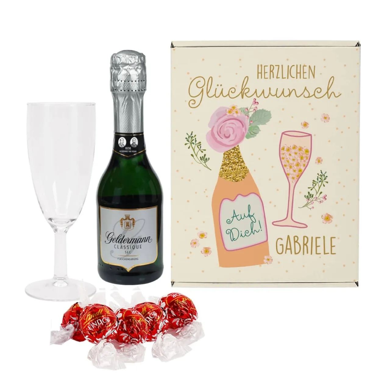 Herzlichen Glückwunsch - Geschenkset mit Sekt und Lindor Kugeln in bedruckter Box