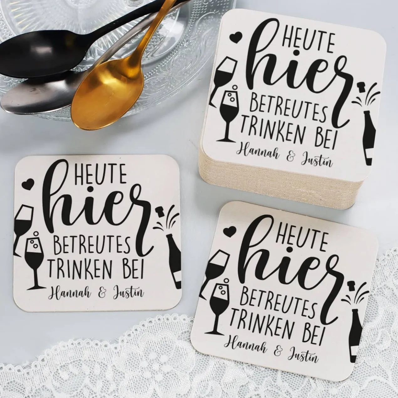 Heute hier betreutes Trinken! - 30 bedruckte Untersetzer aus Pappe mit Namen