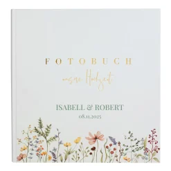 Hochwertiges Hochzeitsalbum mit Prägung, personalisiert mit Namen und Datum | Fotobuch m. Wildblumen