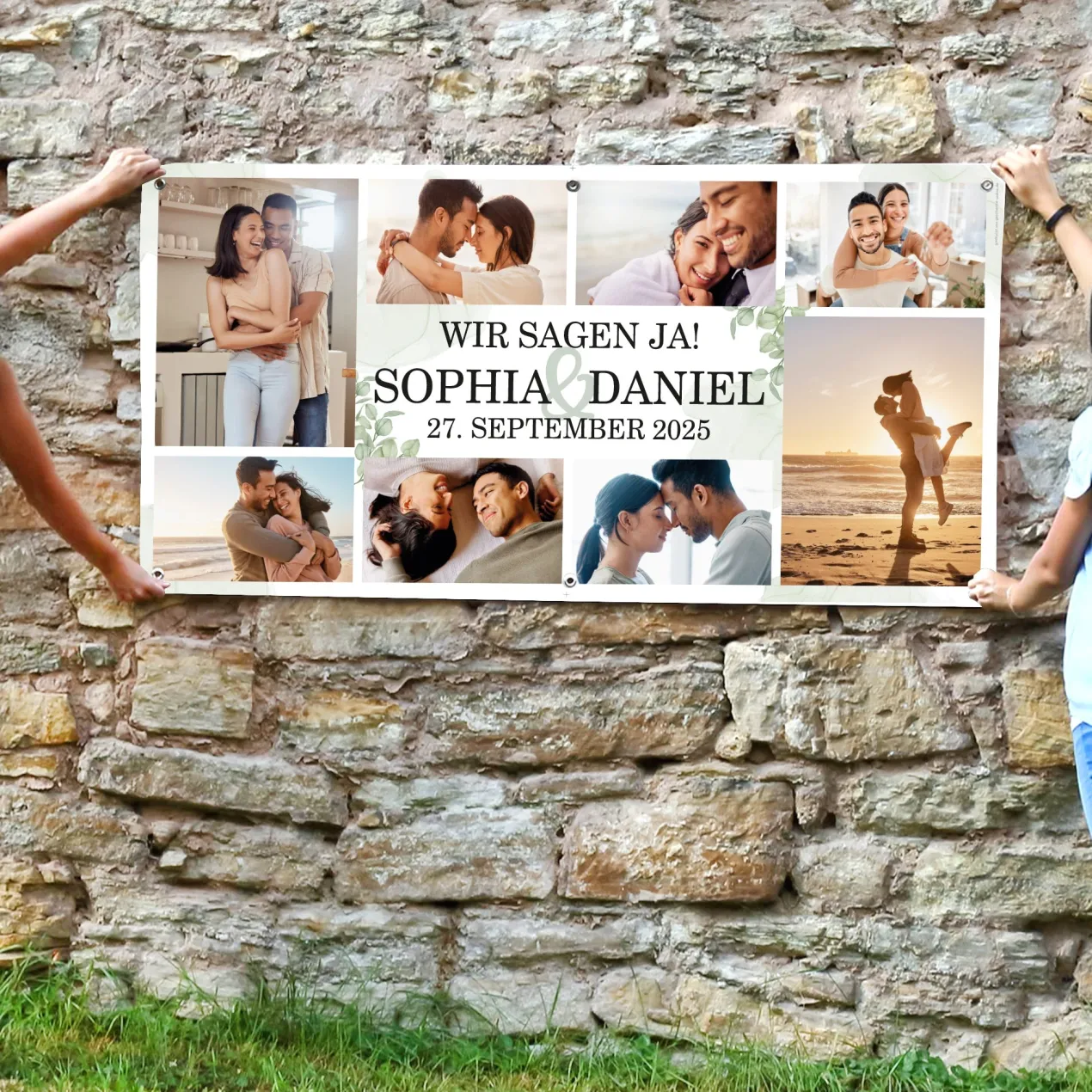 Hochzeitsbanner mit 8 Fotos und Ihren Wunschtexten - Eukalyptusmotiv