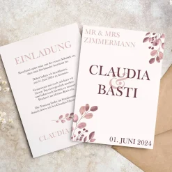 Hochzeitseinladung - rosa Blätterranken - individuell gestaltbar