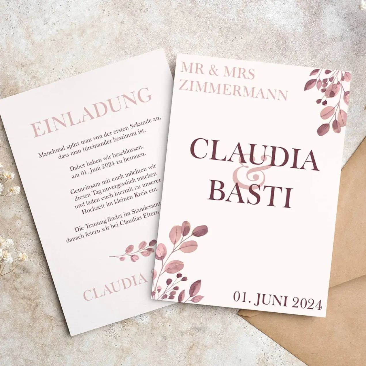 Hochzeitseinladung - rosa Blätterranken - individuell gestaltbar