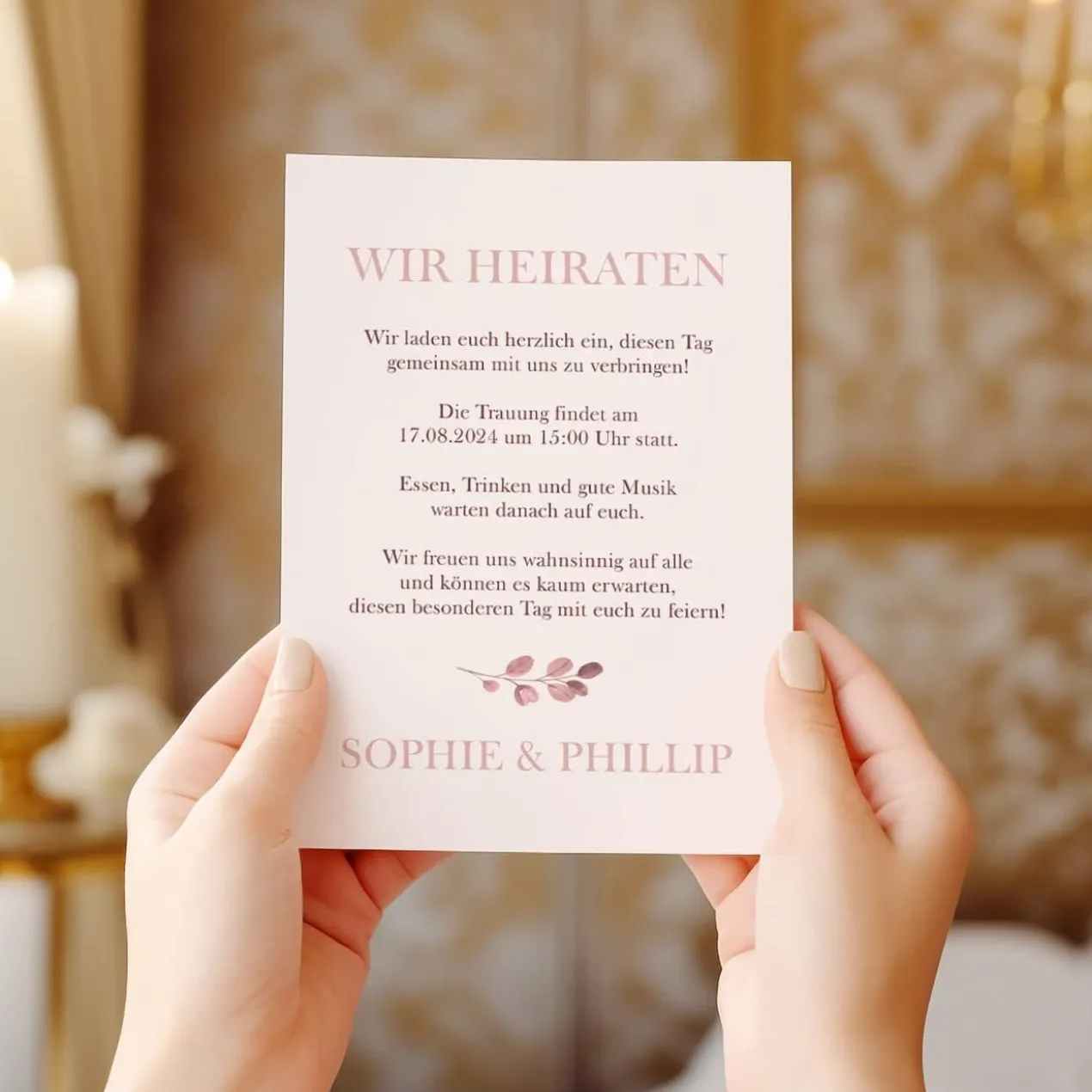 Hochzeitseinladung - rosa Blätterranken - individuell gestaltbar