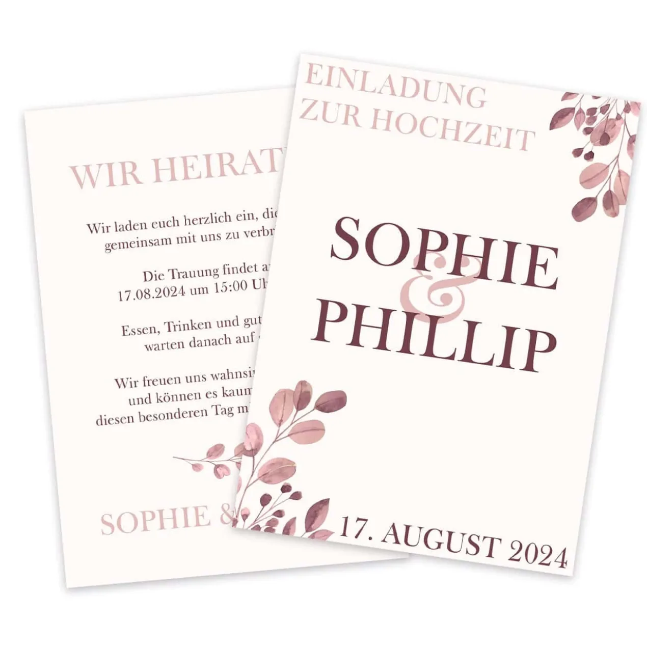 Hochzeitseinladung - rosa Blätterranken - individuell gestaltbar