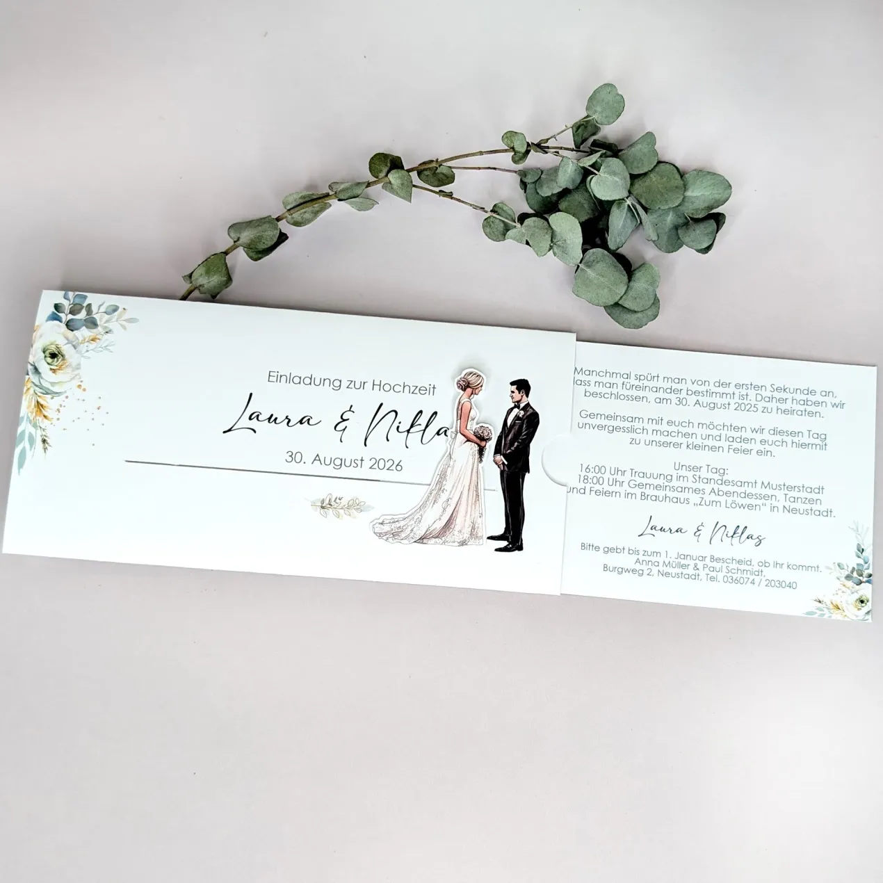 Hochzeitseinladung - Ziehkarte mit Brautpaar
