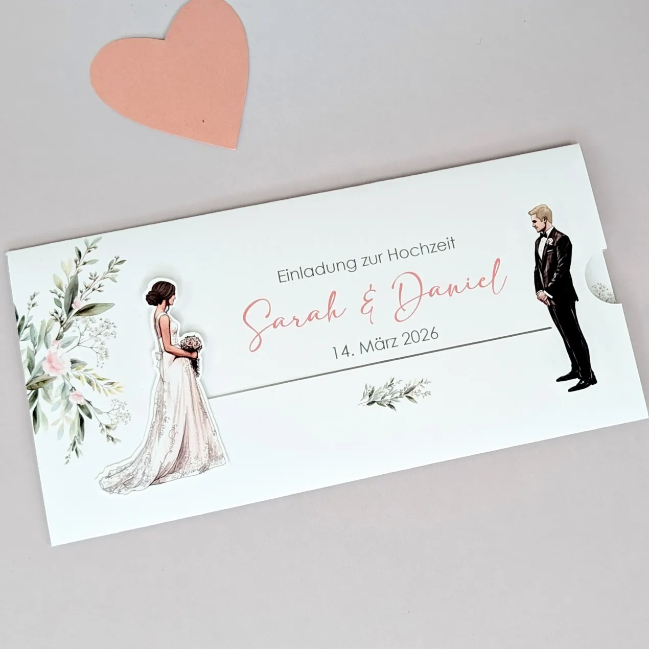 Hochzeitseinladung - Ziehkarte mit Brautpaar