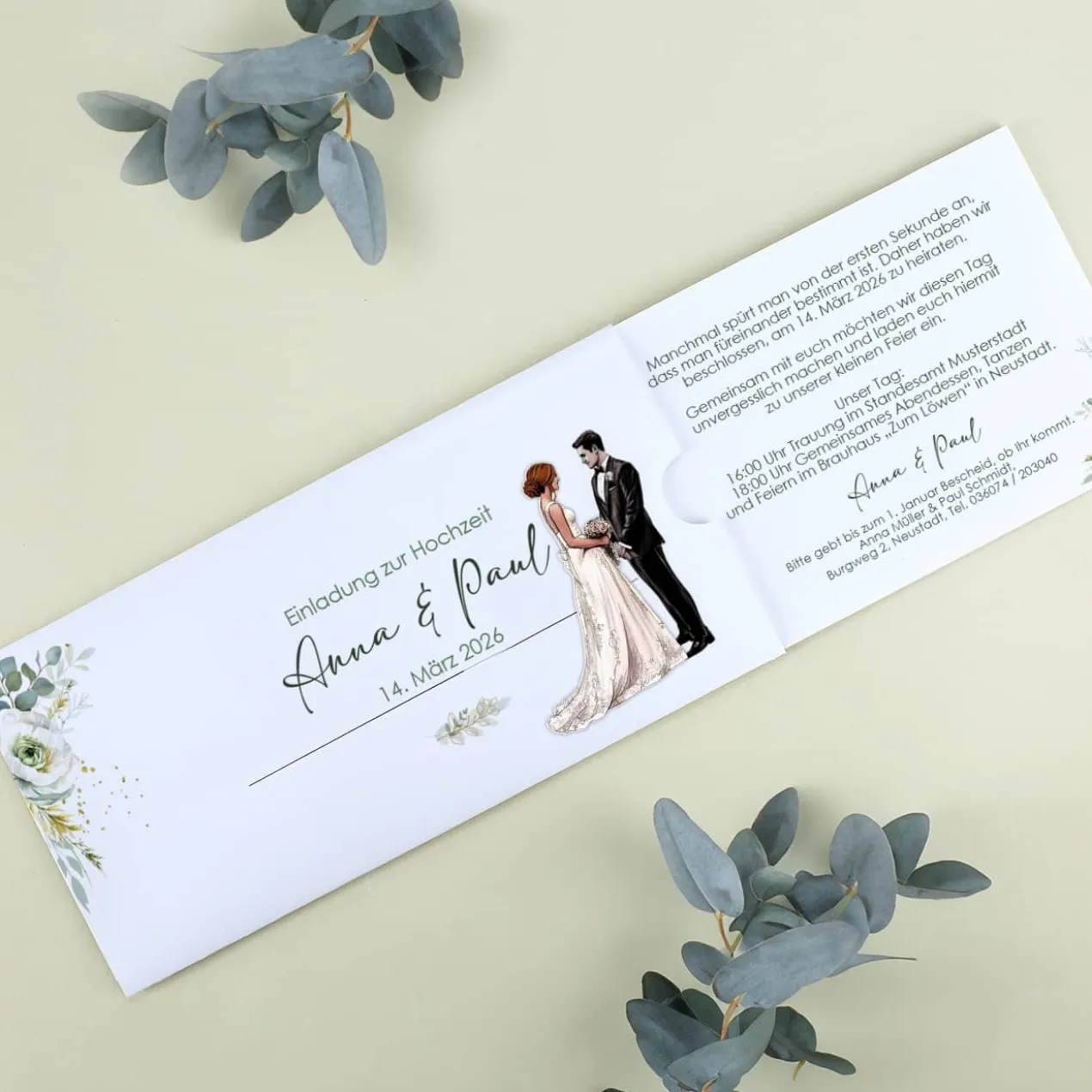Hochzeitseinladung - Ziehkarte mit Brautpaar