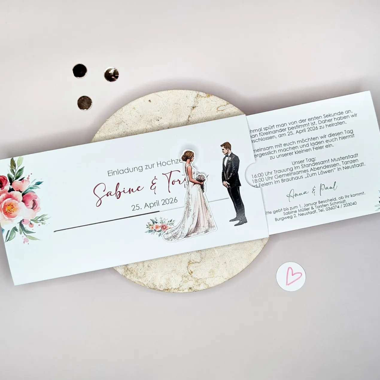 Hochzeitseinladung - Ziehkarte mit Brautpaar