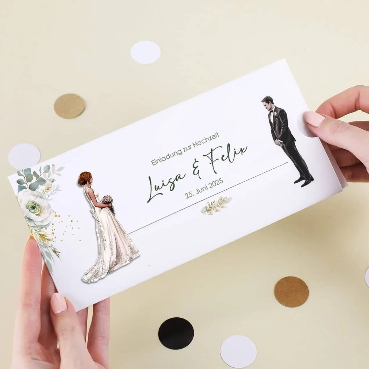 Hochzeitseinladung - Ziehkarte mit Brautpaar