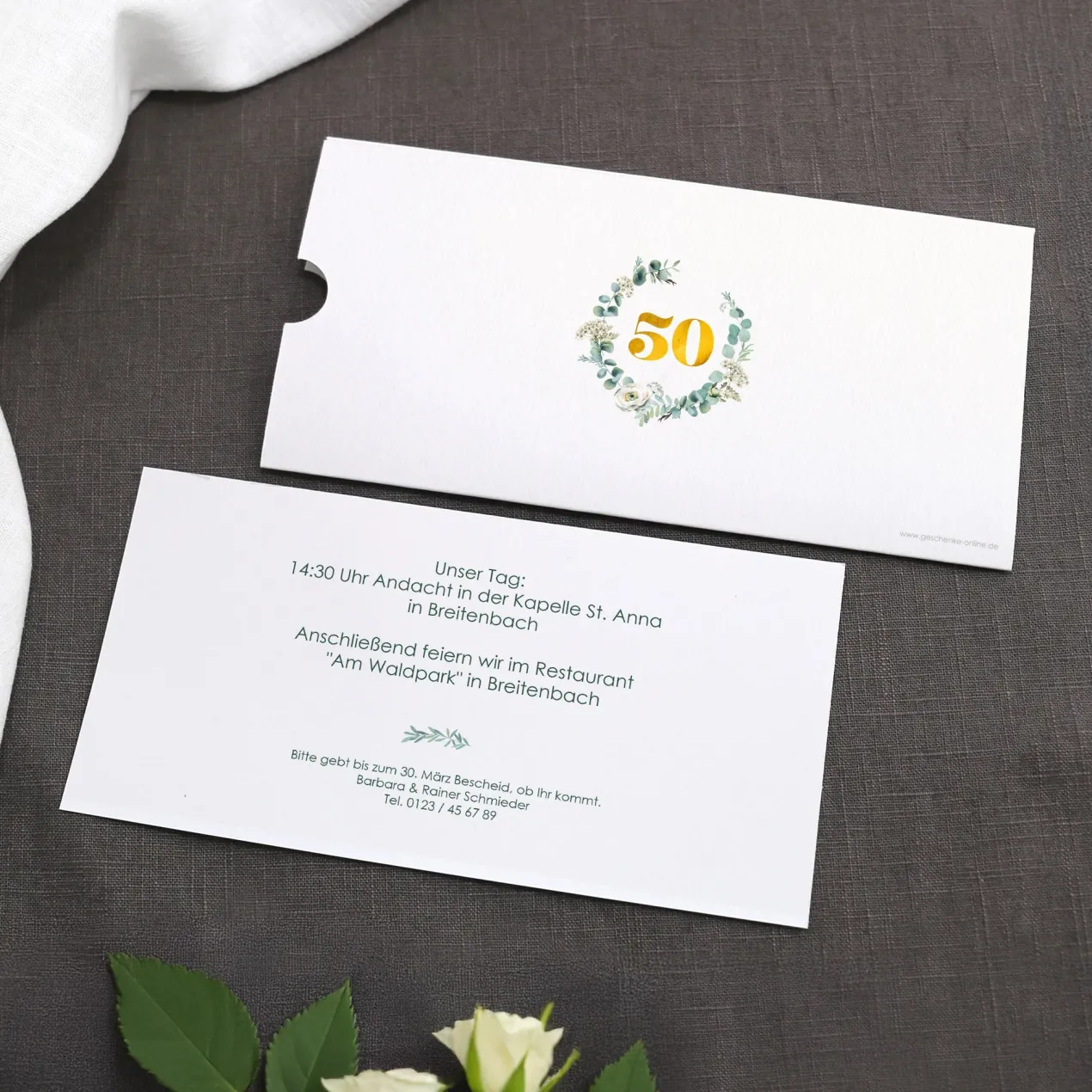 Hochzeitseinladung - Ziehkarte mit zwei Fotos zur Goldhochzeit mit Wunschdaten