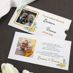 Hochzeitseinladung - Ziehkarte mit zwei Fotos zur Goldhochzeit mit Wunschdaten