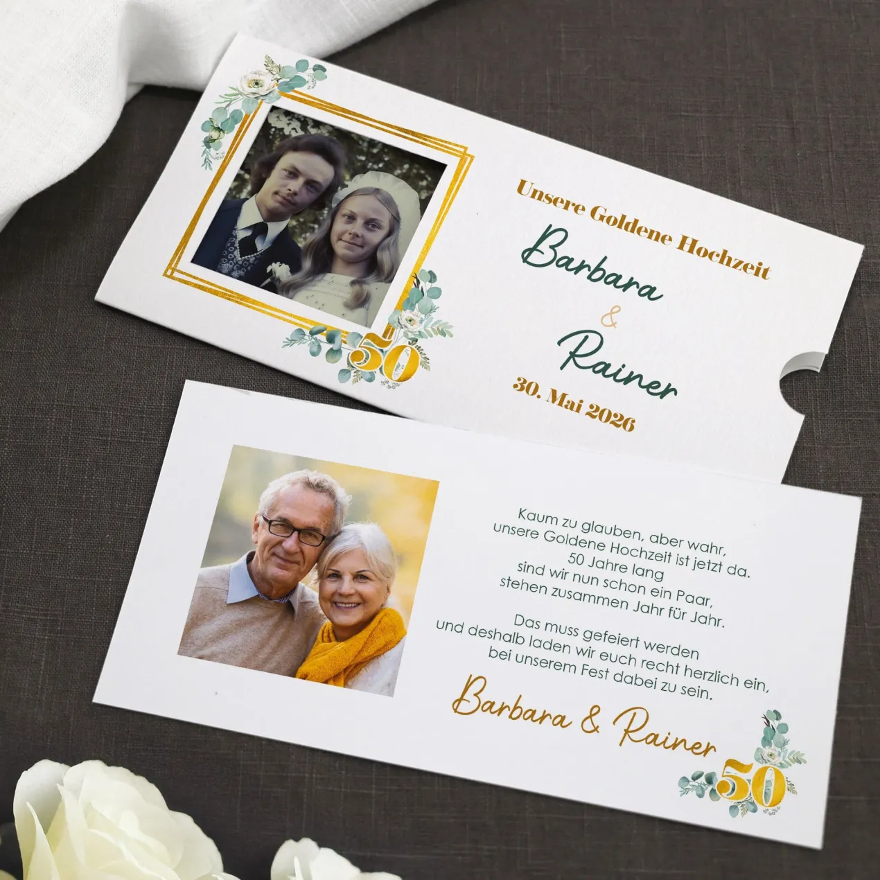 Hochzeitseinladung - Ziehkarte mit zwei Fotos zur Goldhochzeit mit Wunschdaten