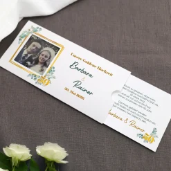 Hochzeitseinladung - Ziehkarte mit zwei Fotos zur Goldhochzeit mit Wunschdaten