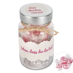 Hochzeits Gastgeschenk - Schön, dass du da bist - Gläschen mit Herz-Bonbons