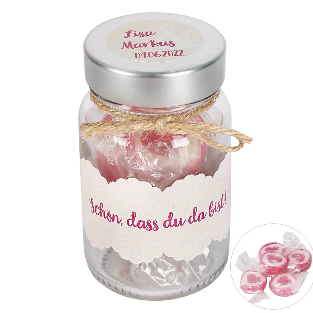 Hochzeits Gastgeschenk - Schön, dass du da bist - Gläschen mit Herz-Bonbons
