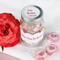 Hochzeits Gastgeschenk - Schön, dass du da bist - Gläschen mit Herz-Bonbons