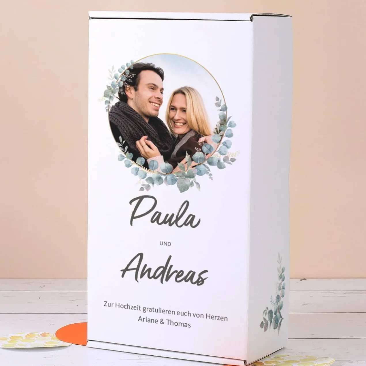 Hochzeits-Geschenkbox mit Eukalyptusmotiv, Foto, Name & Wunschtext