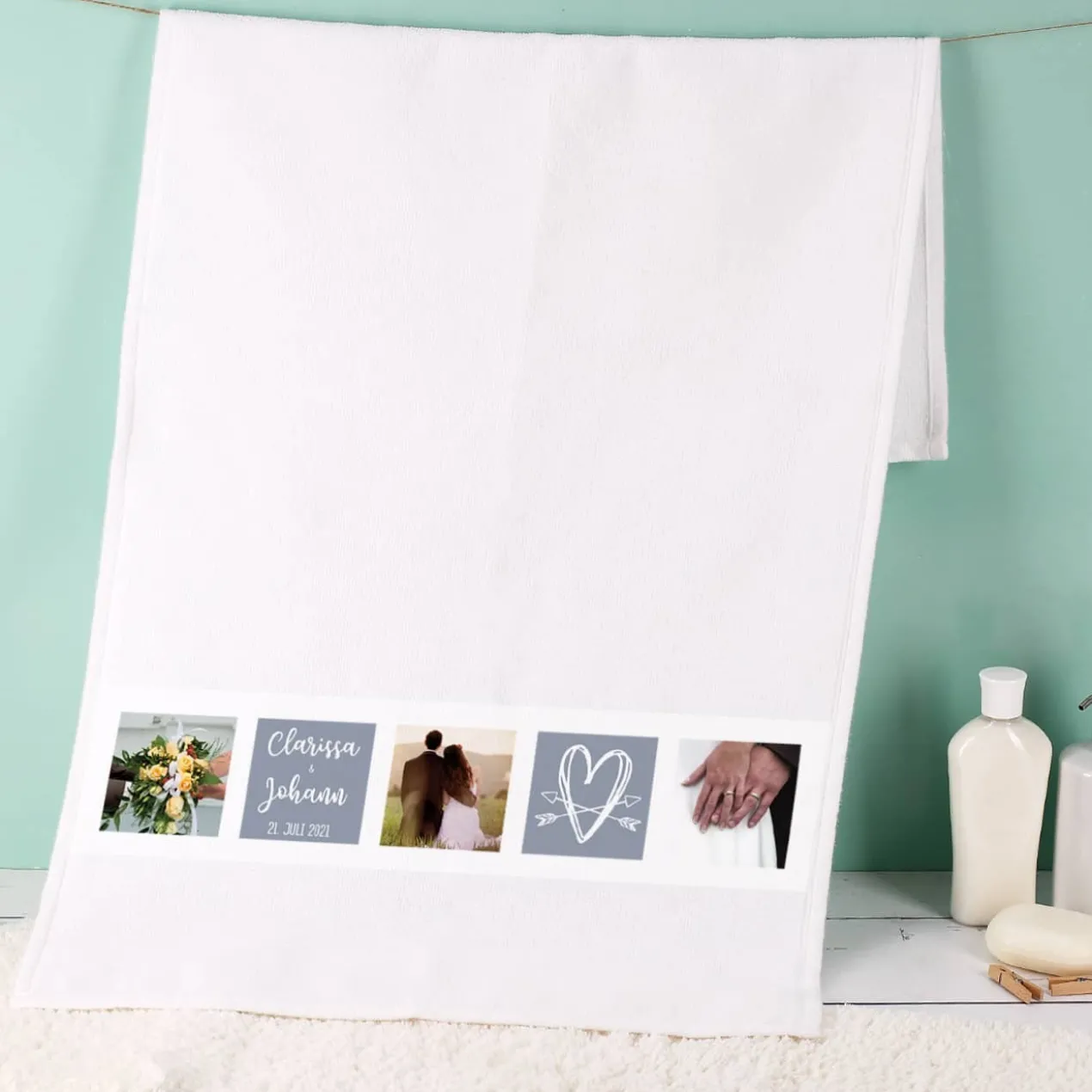 Hochzeitsgeschenk - Handtuch mit Fotos, Herz, Namen und Wunschtext