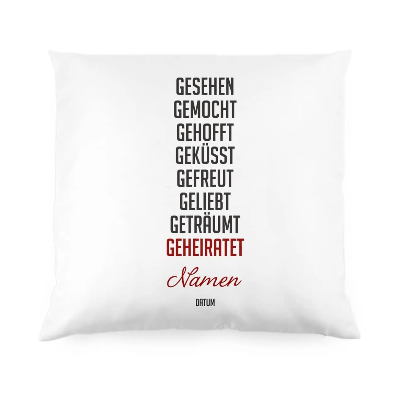 Hochzeitsgeschenk - Kissen mit kurzer Lovestory, Namen und Datum