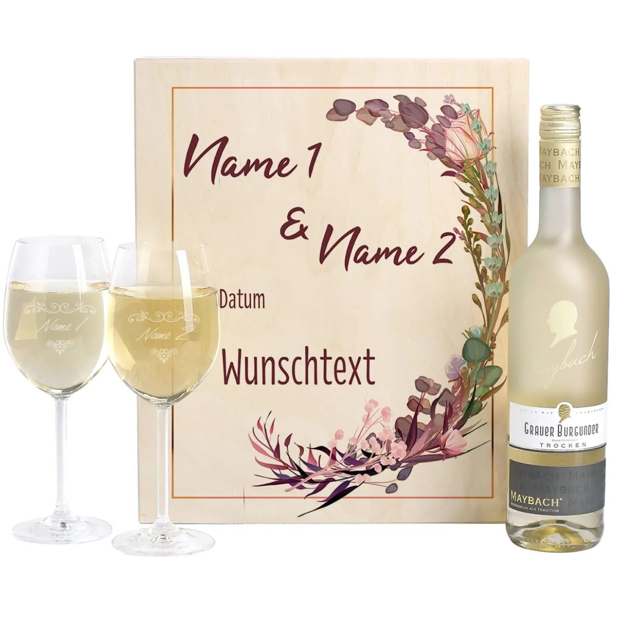 Hochzeitsgeschenk Maybach Weißwein mit Gläsern und Box
