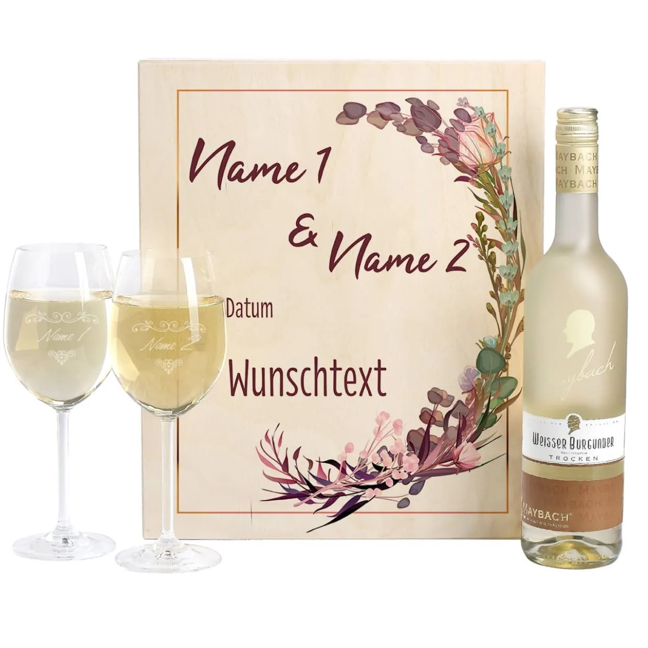 Hochzeitsgeschenk Maybach Weißwein mit Gläsern und Box