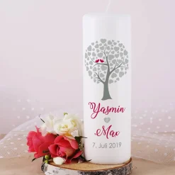 Hochzeitskerze Herzbaum mit Namen, Datum und Trauspruch