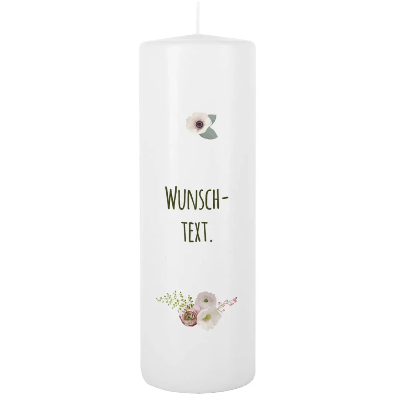 Hochzeitskerze mit Blüten und Wunschtext