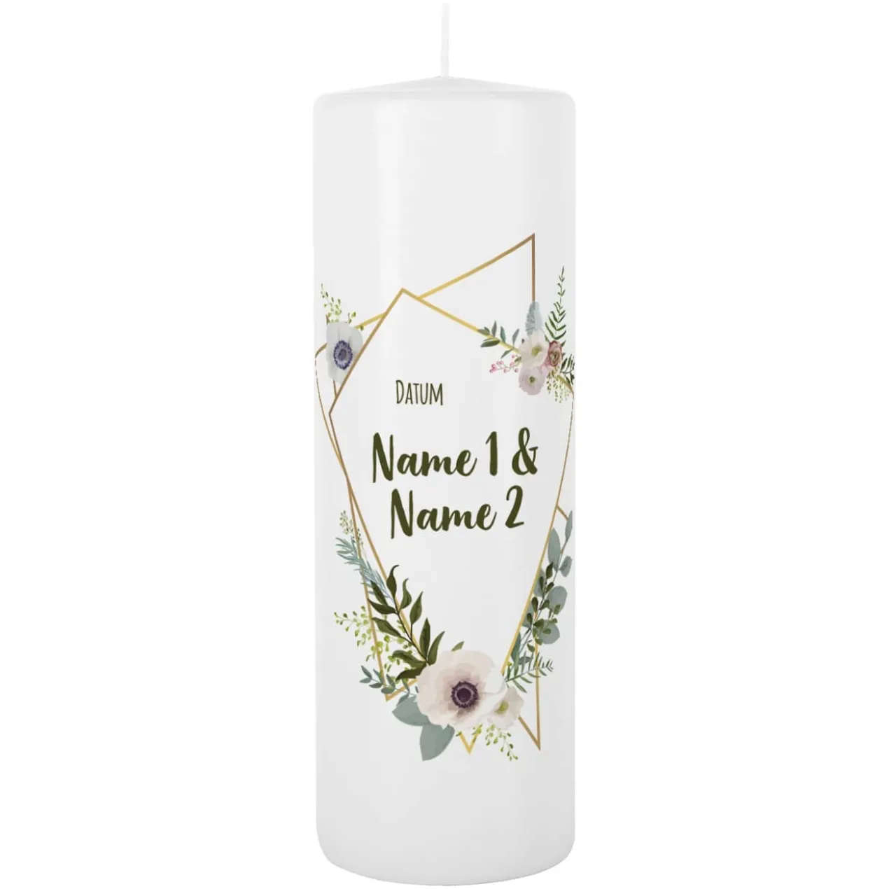 Hochzeitskerze mit Blüten und Wunschtext