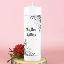 Hochzeitskerze mit Rosenmotiv und Personalisierung