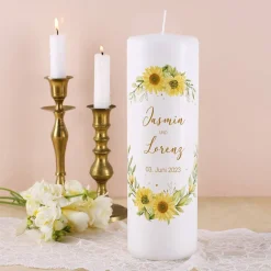 Hochzeitskerze mit Sonnenblumen, Namen und Datum bedruckt