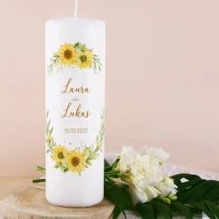 Hochzeitskerze mit Sonnenblumen, Namen und Datum bedruckt
