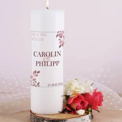 Hochzeitskerze - rosa Blätterranken - Personalisierung