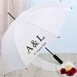 Hochzeitsschirm mit Vintage Motiv, Initialen und Hochzeitsdatum bedruckt