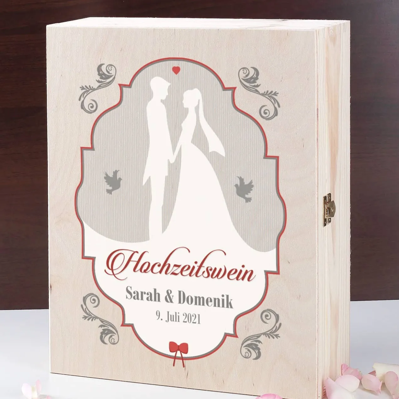 Hochzeitswein mit 2 gravierten Gläsern in edler Holzbox