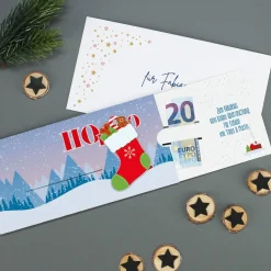 Ho Ho Ho - Ziehkarte mit Socke - für Ihr Geldgeschenk zu Nikolaus & Weihnachten