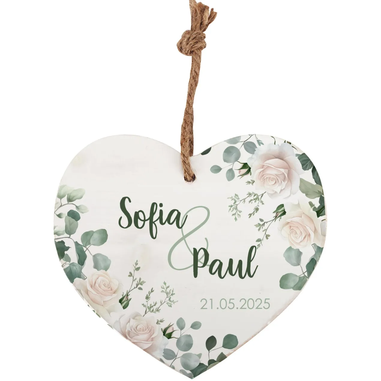 Holzherz mit Wunschnamen und Datum – Romantisches Geschenk mit Rosen-Motiv
