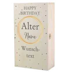 Holzkiste zum Geburtstag mit Name, Alter und Wunschtext