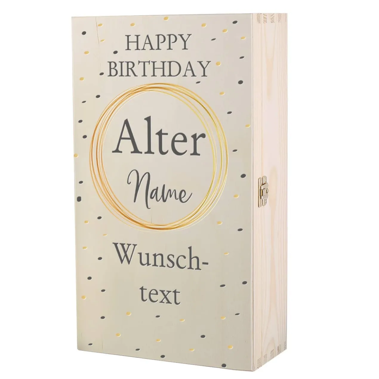 Holzkiste zum Geburtstag mit Name, Alter und Wunschtext