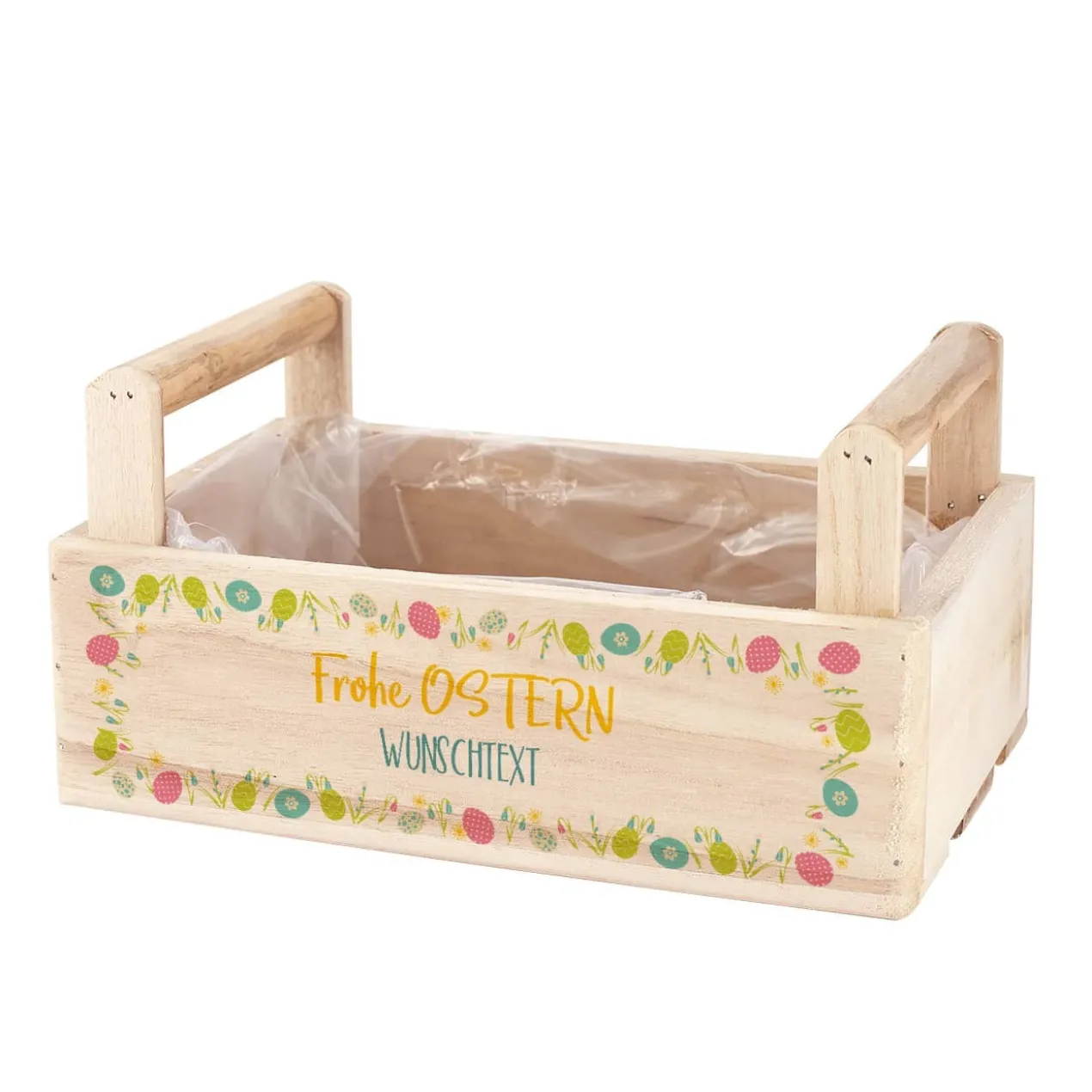 Holzkiste zu Ostern mit buntem Aufdruck
