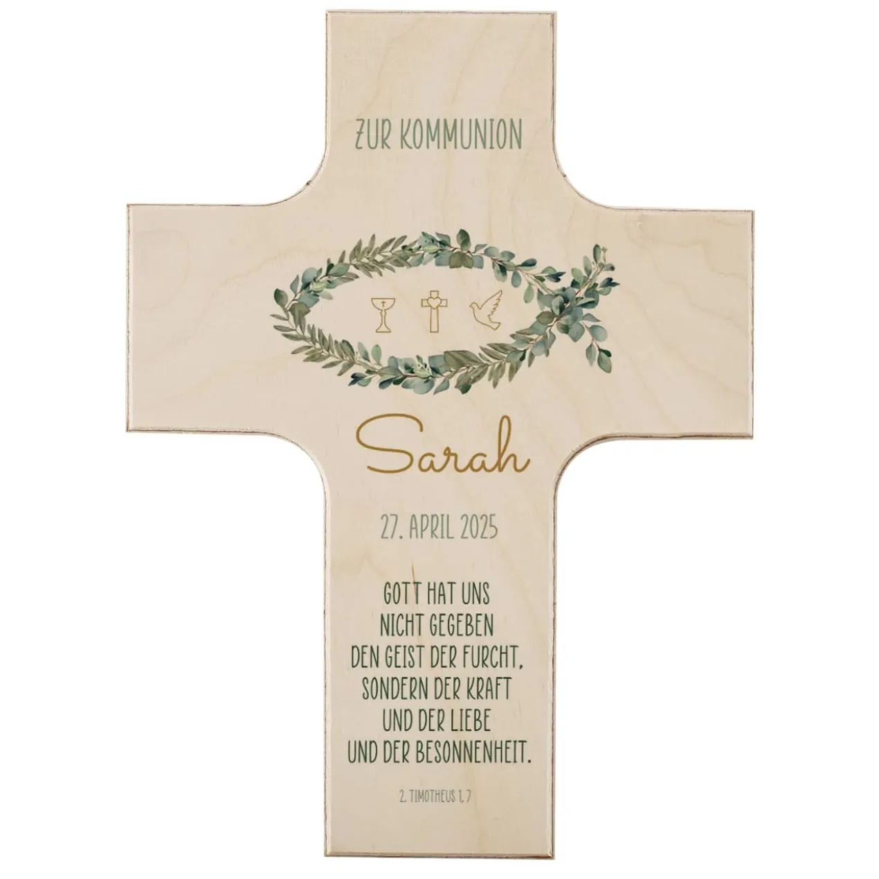 Holzkreuz mit Eukalyptus Fisch - zur Taufe, Kommunion oder Konfirmation