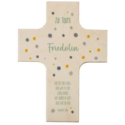 Holzkreuz mit individuellem Wunschtext und Blumenmotiv