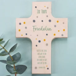 Holzkreuz mit individuellem Wunschtext und Blumenmotiv