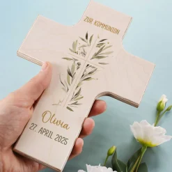 Holzkreuz mit Ölzweig zur Kommunion, Konfirmation oder Taufe