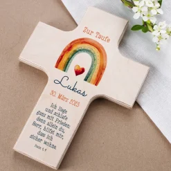 Holzkreuz - mit Regenbogen in 4 Farben wählbar - zur Taufe, Kommunion oder Konfirmation