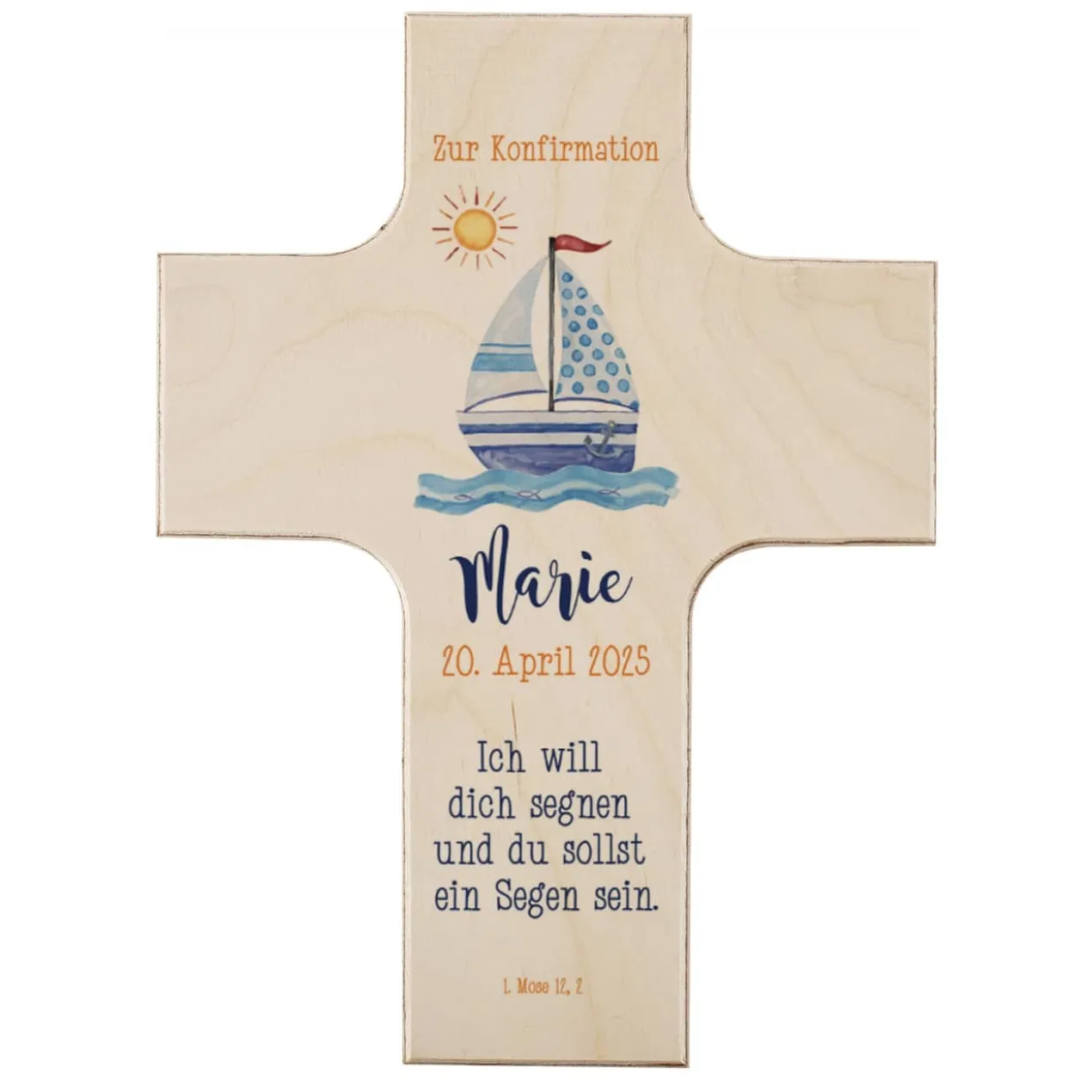 Holzkreuz mit Segelboot und Fischen - zur Taufe, Kommunion oder Konfirmation